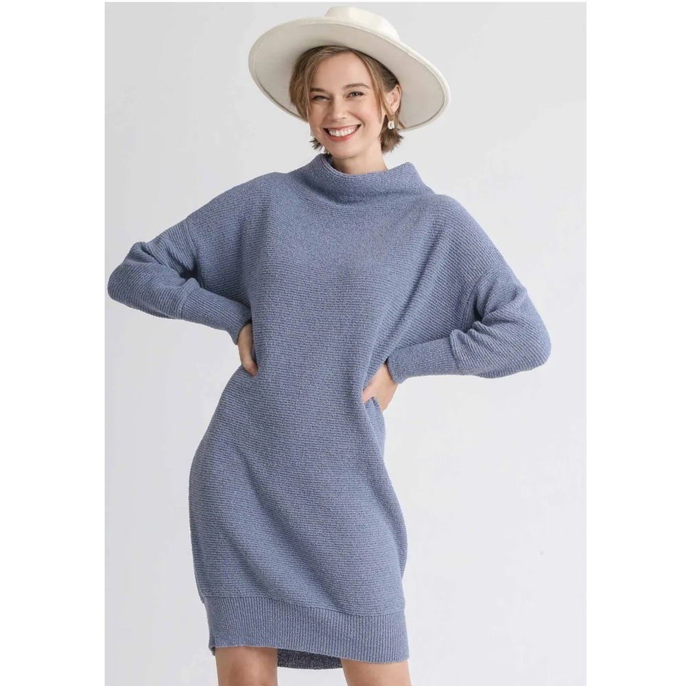 Umgee Mock Neck Ribbed Knit Sweater Dress Dusty‎ Blue Size S